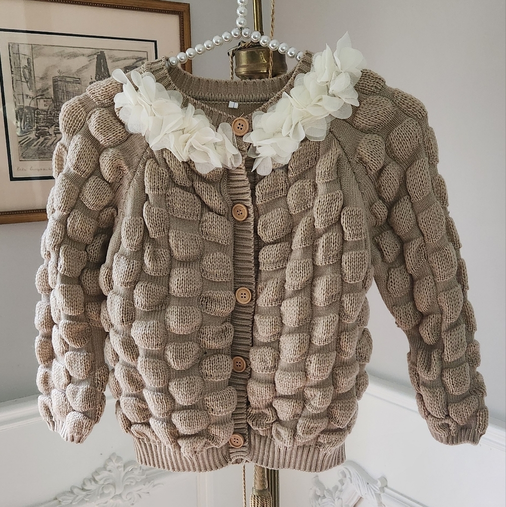 Girls Tan Knitted Cardigan with Floral Accents